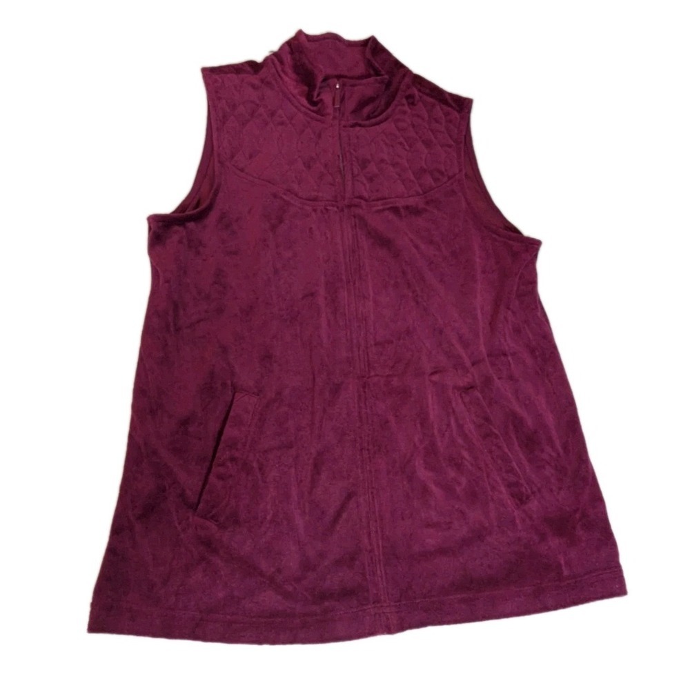 Basic Editions Burgundy Velour Quilted Vest Full Zip Mock Neck Plum Large